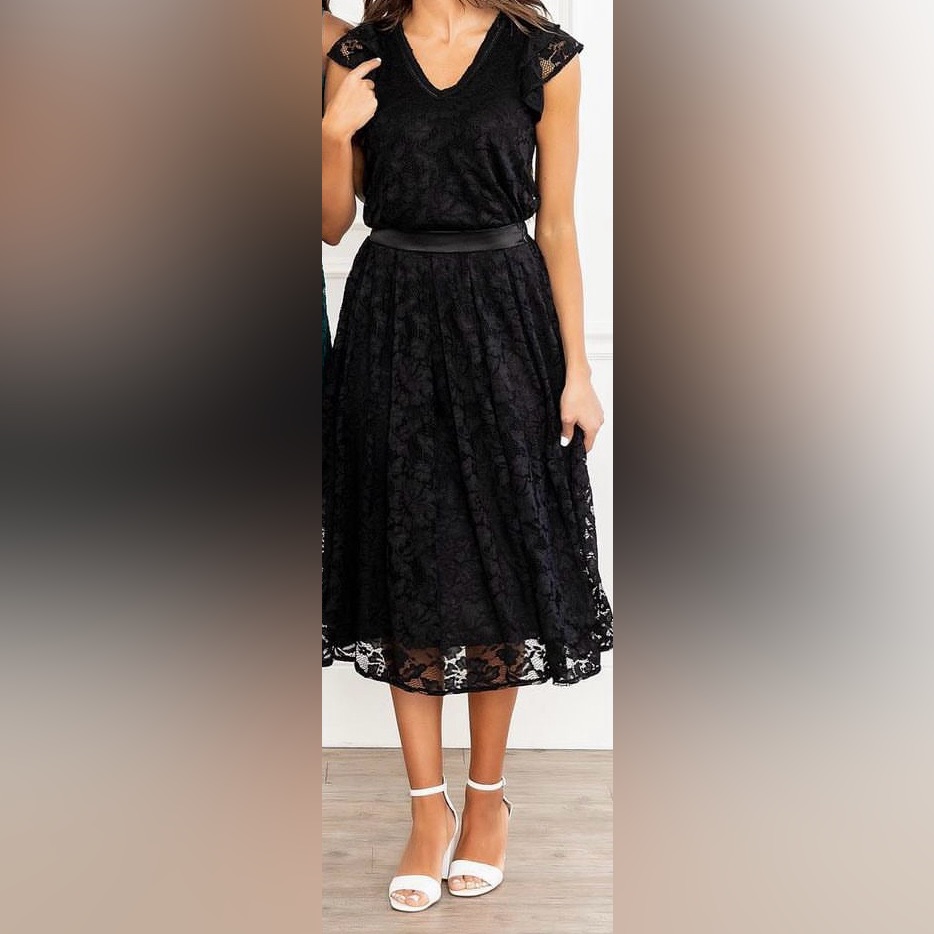 Two-Piece Sleeveless Flutter Sleeve Top And Midi Skirt Black Lace Gibsonlook